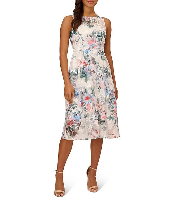 juego envío Salto Adrianna Papell Floral Boat Neck Sleeveless Mesh Embellished Fit and Flare  Midi Dress | Dillard's