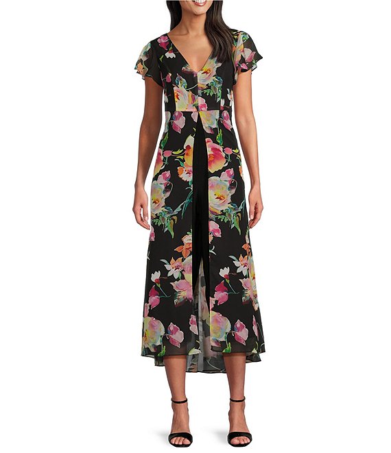 Adrianna Papell Floral Chiffon V Neck Short Flutter Sleeve Walk