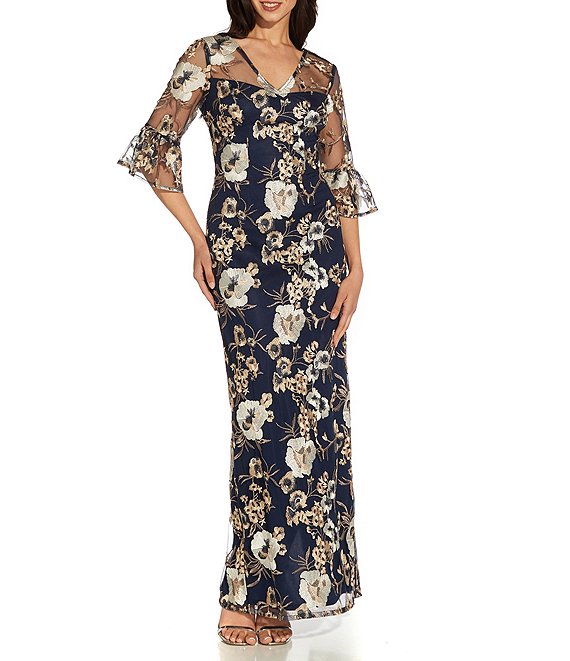 Prisionero de guerra ropa clima Adrianna Papell Floral Embroidered V-Neck 3/4 Elbow Bell Sleeve Gown |  Dillard's