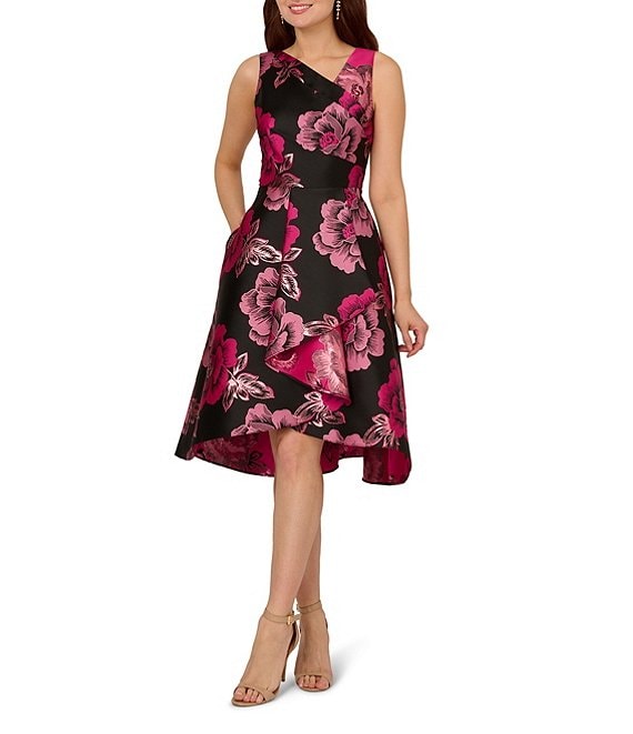 Adrianna Papell アシンメトリーネック フリル ドレス Adrianna Papell Floral Jacquard Asymmetrical V-Neck