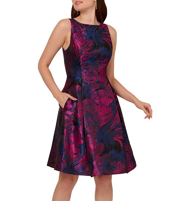 Adrianna Papell Floral Jacquard Boat Neck Sleeveless Open Back Side Pocket  Pleated Dress | Dillard's