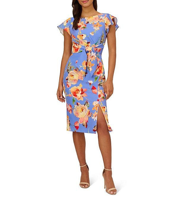 Adrianna Papell Floral Crew Neck Short Flutter Sleeve Dress | Dillard's