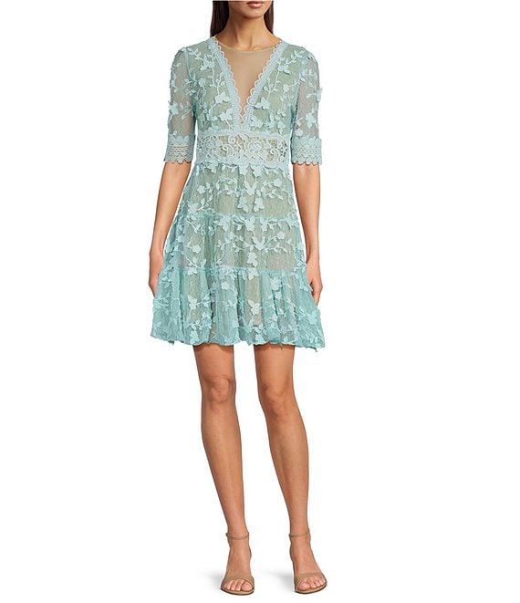 【海外限定】AdriannaPapell ドレス☆Lace Embroidery Mini Dres Adrianna Papell Floral Lace Embroidery V-Neck Short Sleeve
