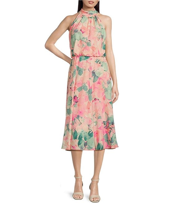 Adrianna Papell Floral Mock Halter Neck Sleeveless Blouson Midi Dress