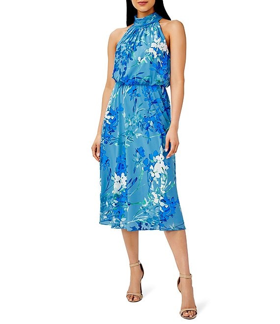 Color:Periwinkle Multi - Image 1 - Floral Print Chiffon Sleeveless Mock Halter Neck Blouson Midi Dress