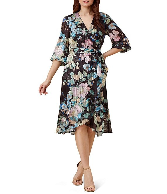 Adrianna Papell Floral Print Chiffon V-Neck 3/4 Sleeve Wrap Dress ...