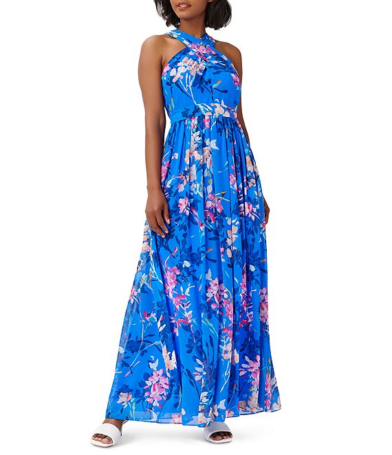Color:Blue Multi - Image 1 - Floral Print Crisscross Halter Neck Sleeveless Tie Waist Gown