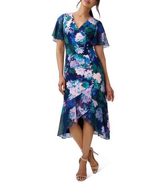Adrianna Papell Floral Print Flutter Sleeve Buttoned High-Low Dress ...