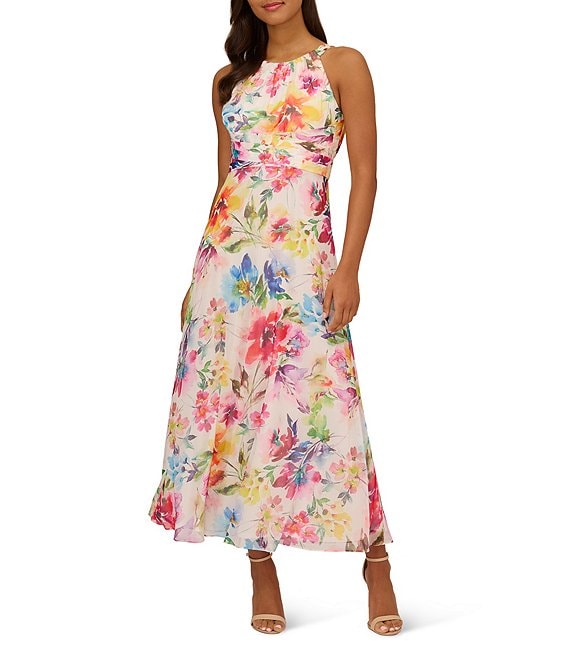 Adrianna Papell Floral Print Halter Neck Sleeveless Maxi Dress | Dillard's