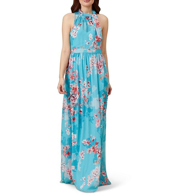 Adrianna Papell Floral Print Halter Tie Neck Gown Dillard s