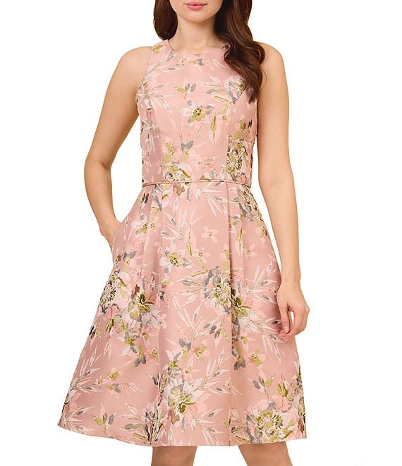 Adrianna Papell Floral Print Jacquard Crew Neck Sleeveless Dress ...