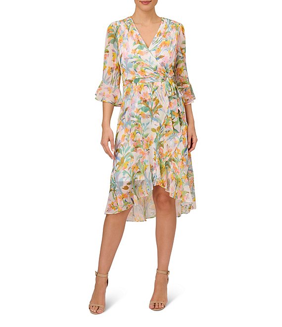 Adrianna Papell Floral Print Surplice V-Neck 3/4 Sleeve Faux Wrap Midi Dress