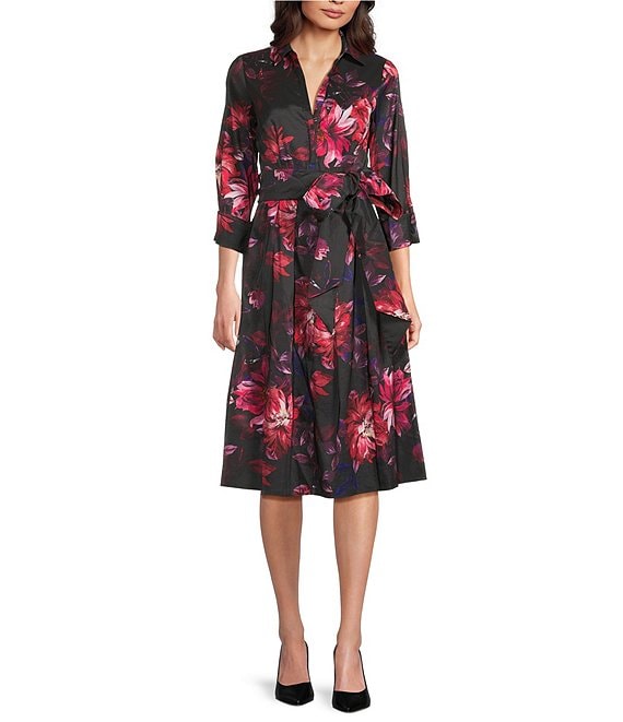 Adrianna Papell Floral Print Taffeta 3/4 Sleeve Midi Shirt Dress, Black/Red - Image 1