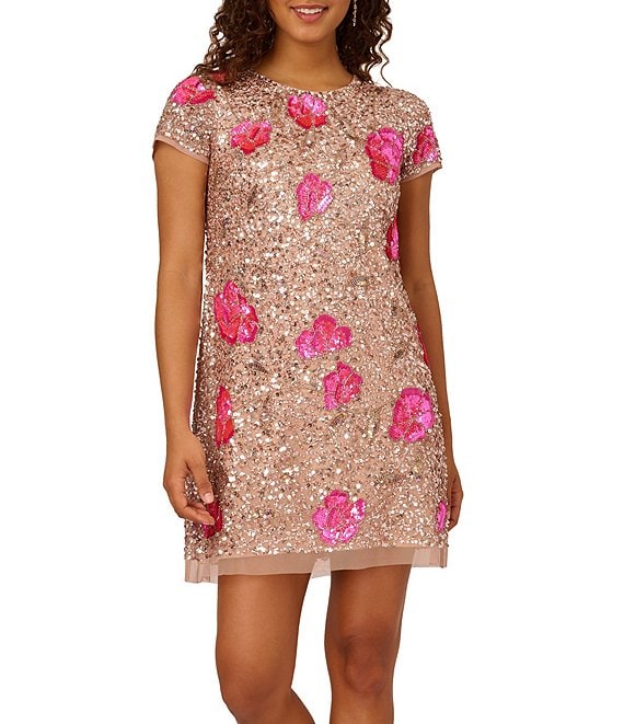 Adrianna Papell Floral Sequin Beaded Mesh Crew Neck Short Sleeve Mini Dress  | Dillard's