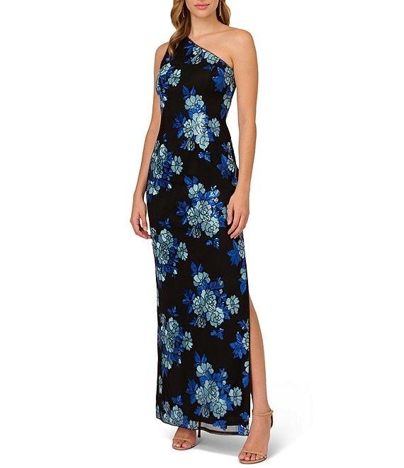 Color:Black Blue Multi - Image 1 - Floral Sequin Embroidery One Shoulder Sleeveless Gown