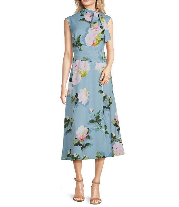 Adrianna Papell Floral Tied Mock Neck Cap Sleeve Ankle Dress