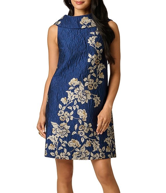 Adrianna Papell Jacquard Drape Neck Sleeveless Shift Dress