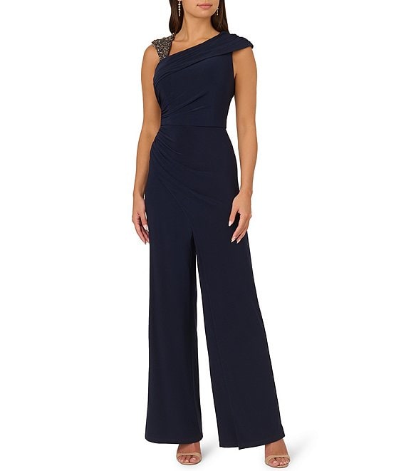 Adrianna Papell Jersey Asymmetrical V Neck Cap Sleeve Pleated Side Straight Leg Jumpsuit Dillard s