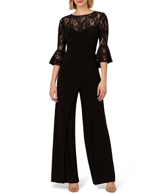 Adrianna Papell Jersey Lace Crew Neck Elbow Sleeve Ruffle Cuff Straight Leg Jumpsuit Womens 4 Black