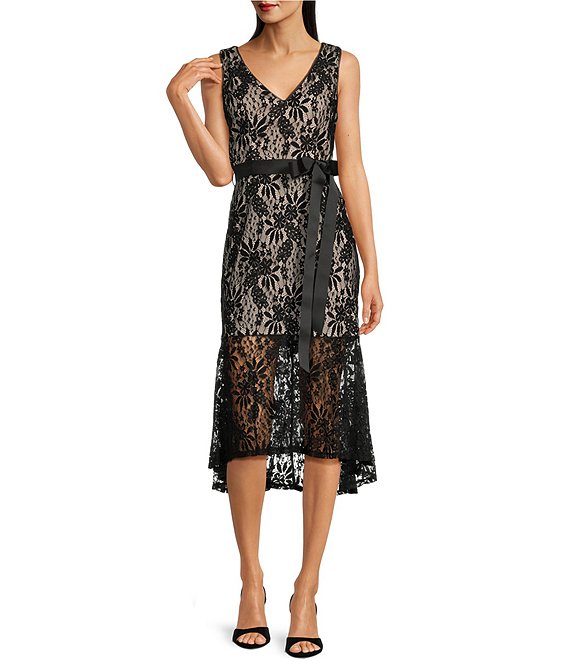 Adrianna Papell Lace V Neckline Sleeveless Flounce Hem Midi Dress