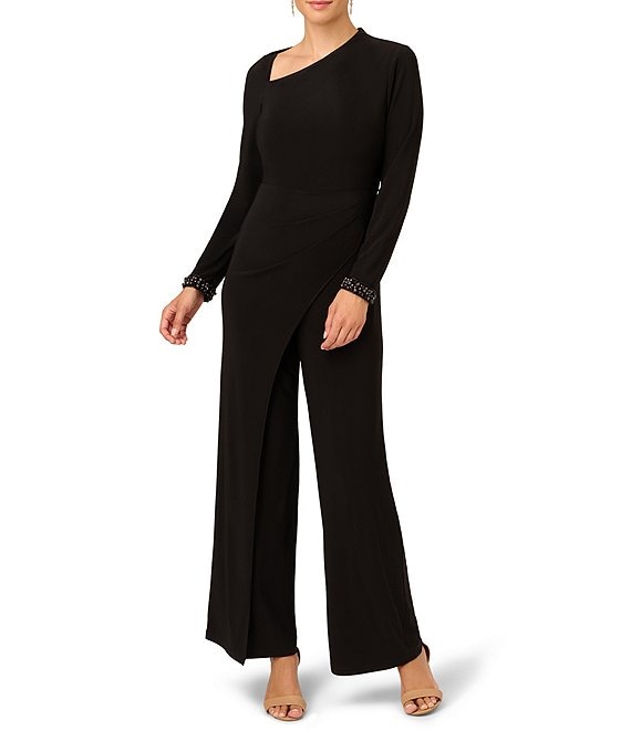 Adrianna Papell Long Sleeve Asymmetrical Neck Beaded Cuff Jumpsuit