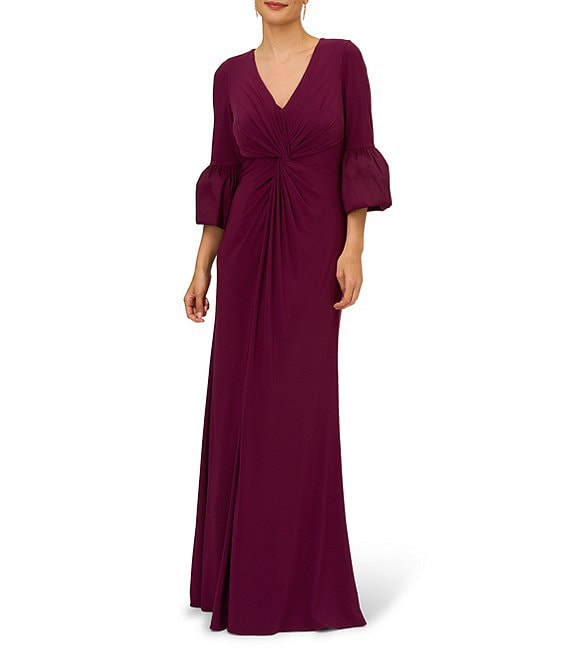 Adrianna Papell Matte Jersey Front Twist V-Neck 3/4 Bell Sleeve Gown ...
