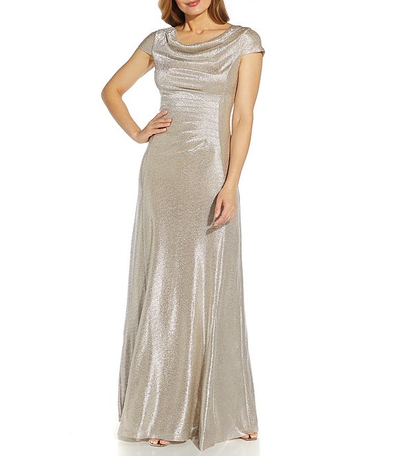 Adrianna Papell Glitter Cowl Neck Draped Back Cap Sleeve A-Line Gown ...