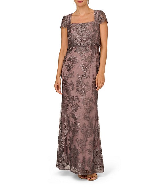 Adrianna Papell Metallic Embroidered Square Neck Sheath Gown | Dillard's