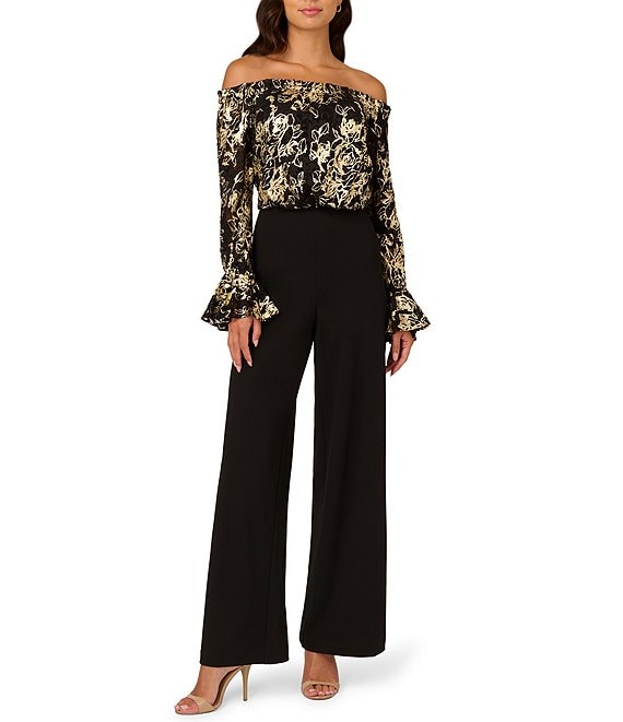 Adrianna Papell Metallic Floral Lace Off the Shoulder Long Sleeve Straight Leg Jumpsuit Dillard s