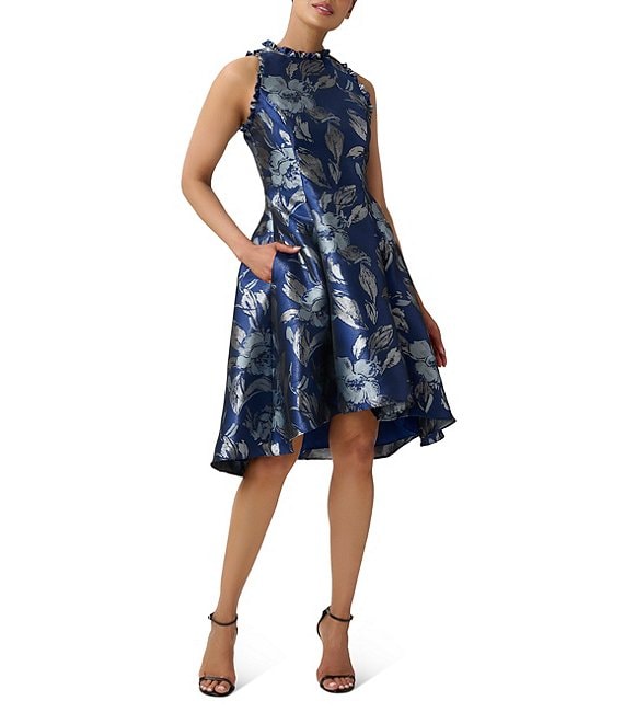 Color:Royal Dusty Blue - Image 1 - Metallic Floral Print Sleeveless Ruffle Mock Neck High-Low Fit and Flare Dress