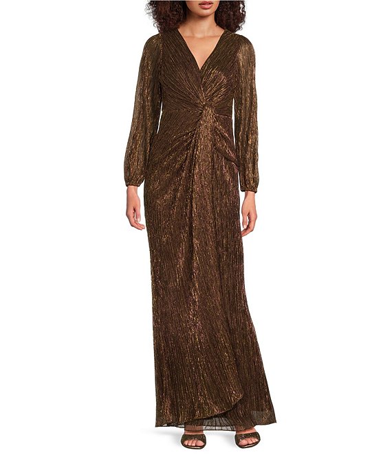 Adrianna Papell Metallic Long Sleeve Surplice V Neck Ruched Detailed Draped Gown Dillard s