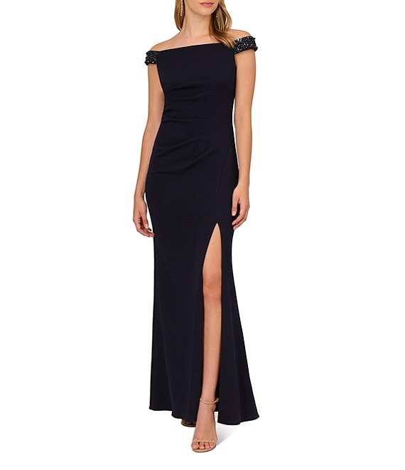 Adrianna Papell Off-the-Shoulder Beaded Knit Crepe Gown | Dillard's