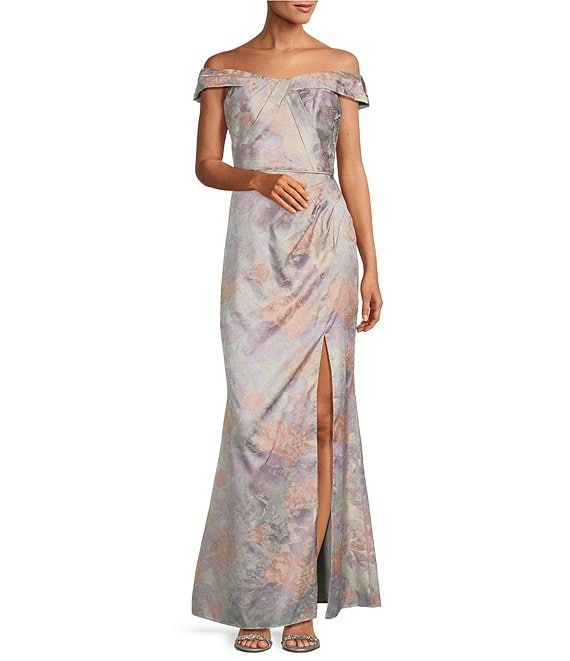 Adrianna Papell Metallic Jacquard Off The Shoulder Gown