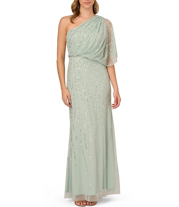 Color:Icy Sage - Image 1 - Sequin One Shoulder Illusion Sleeve Blouson Dress