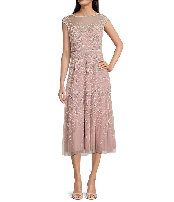 Adrianna Papell Petite Size Crew Neck Cap Sleeve Beaded A-Line Midi Dress |  Dillard's