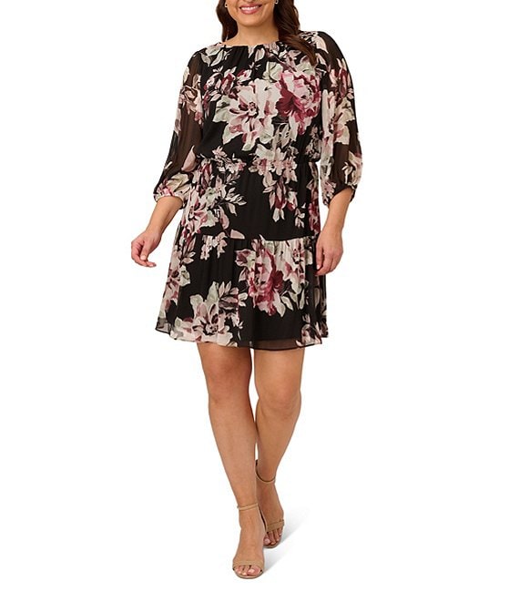 Adrianna Papell Plus Size 3/4 sleeve Bateau Neck Floral Chiffon Dress ...