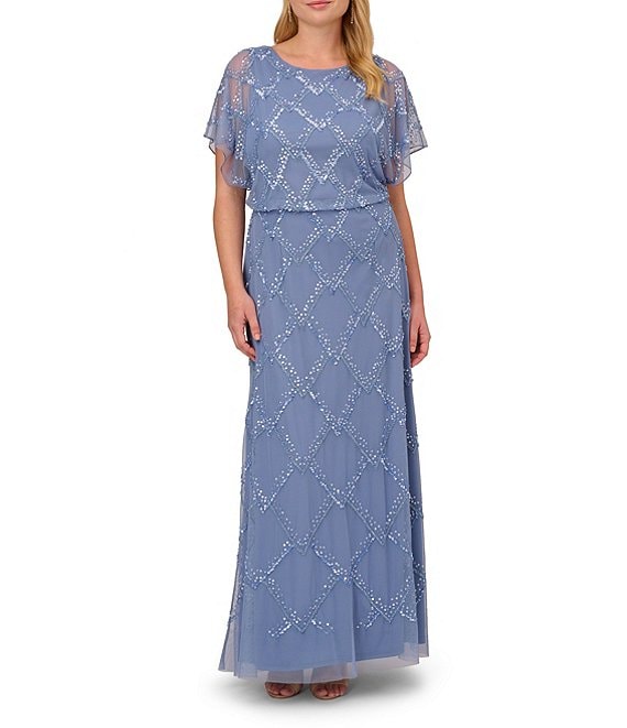 Adrianna Papell Printed Metallic Mesh Flutter Sleeve Gown in Blue | Lyst