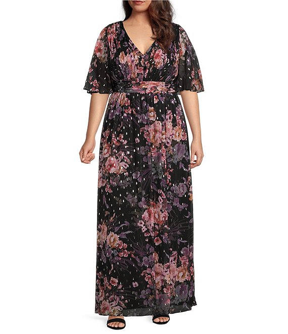 Adrianna Papell Plus Size Chiffon Floral Print V-Neck Short Flowy ...