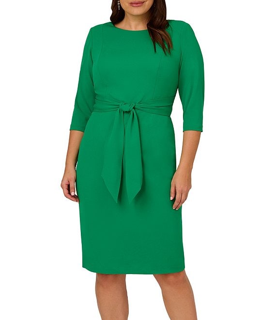 Adrianna Papell Plus Size Crepe Knit Tie Waist 3/4 Sleeve Round Neck Sheath  Dress | Dillard's