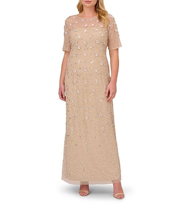 Check Out Our Exciting Line of Long Floral Beaded Gown With Flutter Sleeves  In Blue Heather Adrianna Papell . Unique Designs You'll Only find anywhere  else
