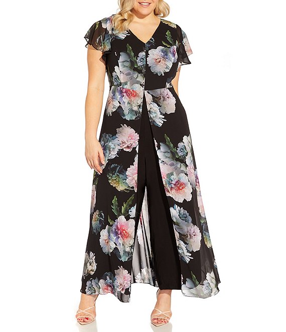 Adrianna Papell Plus Size Floral Printed V Neck Flutter Short Sleeve Overlay Jumpsuit Dillard S