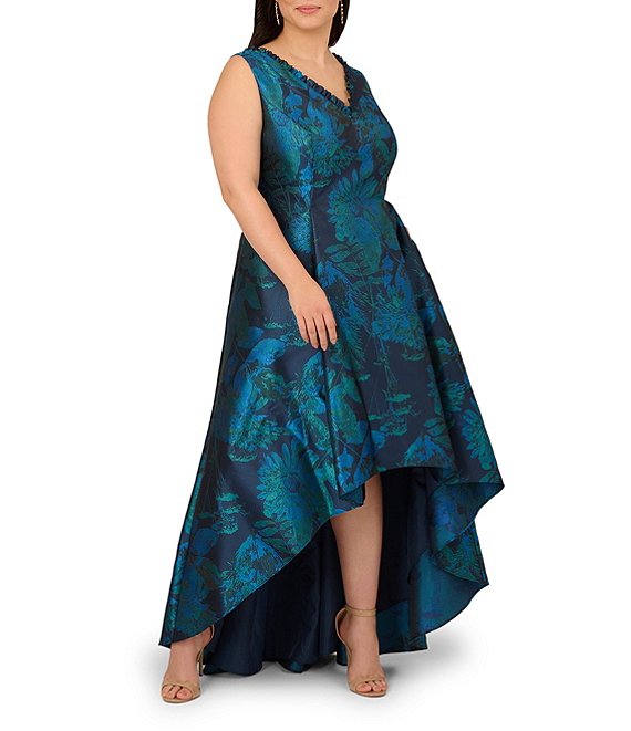 Adrianna Papell Plus Size Jacquard Floral Print V-Neck Sleeveless High Low Skirt Gown, Cobalt Multi - Image 1