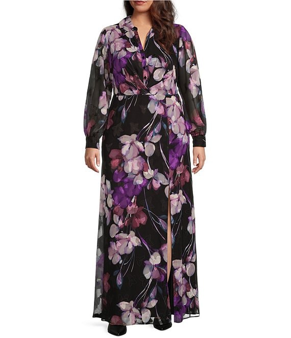 Adrianna Papell Plus Size Long Sleeve Polo Neck Floral Print Chiffon Shirt Dress