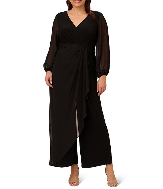 Adrianna Papell Plus Size Long Sleeve V Neck Chiffon Jumpsuit