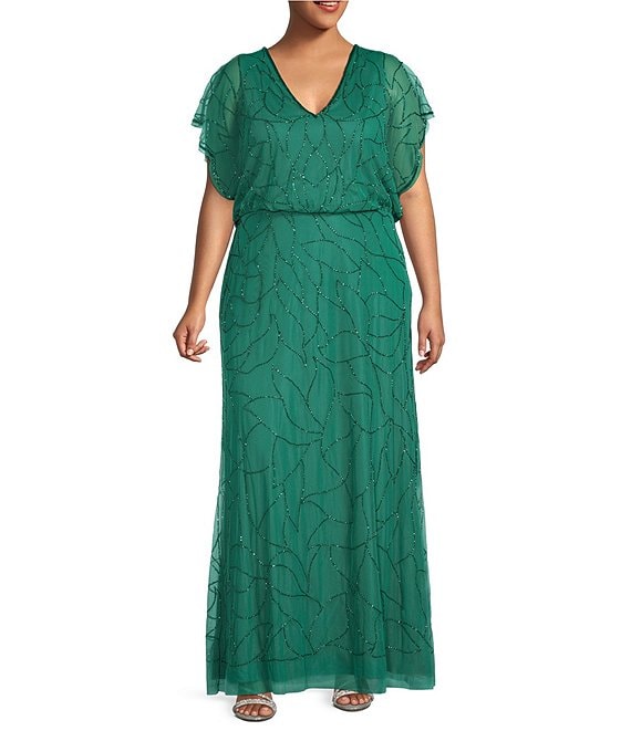 Adrianna Papell Plus Size Short Dolman Sleeve V-Neck Beaded Mesh Dress |  Dillard's