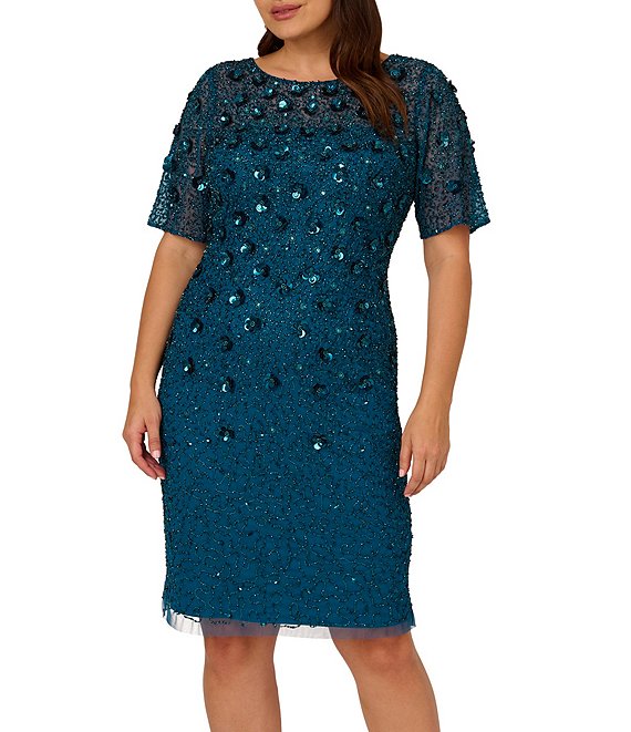 Adrianna Papell Plus Size Short Sleeve Floral Applique Round Neck Beaded Sheath Dress Dillards 2281