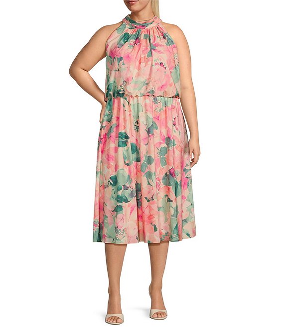 Adrianna Papell Plus Size Sleeveless Halter Neck Floral Printed Chiffon Midi Dress