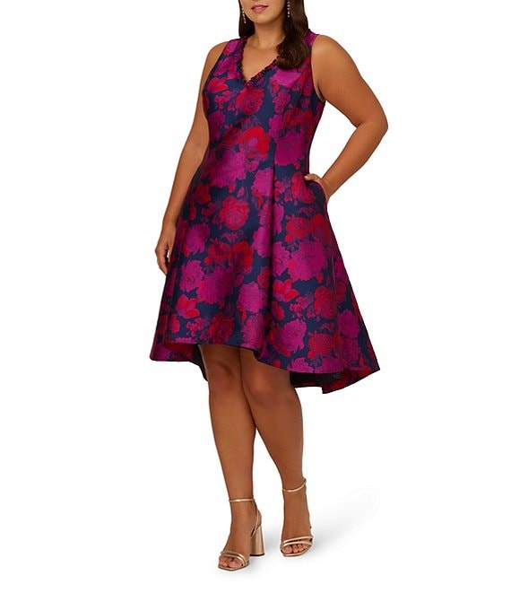 Adrianna Papell Plus Size Sleeveless V neck Floral Jacquard High Low Fit and Flare Dress Dillard s