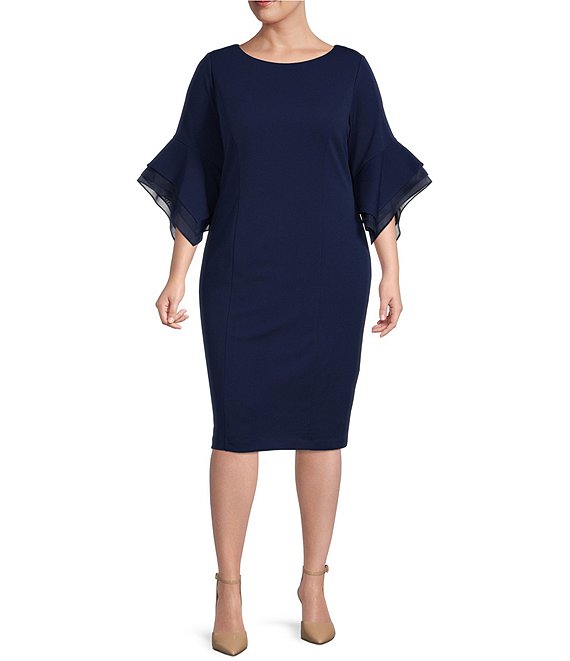 Adrianna Papell Plus Size Stretch Crepe 3/4 Bell Sleeve Sheath Dress ...