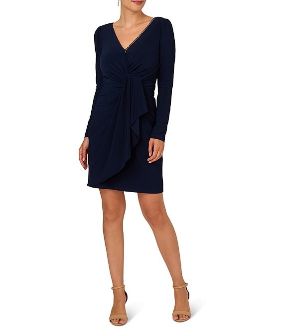 Adrianna Papell Ruched Long Sleeve Beaded V-Neck Jersey Dress